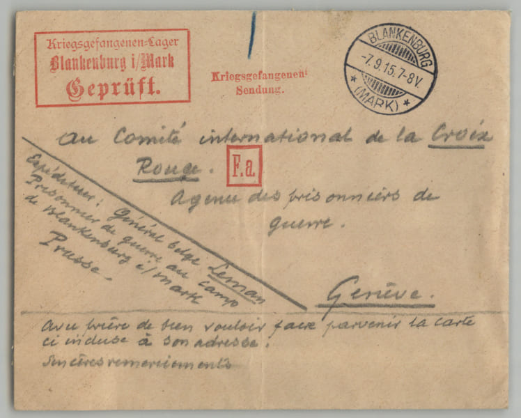 G&eacute;rard Leman - Enveloppe autographe - Prisonnier Blankenburg, Croix-Rouge - 1915. G&eacute;rard Leman