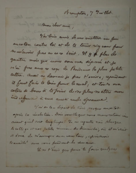 Guillaume Guizot - Lettre autographe sign&eacute;e - Exil &agrave; Londres - 7 juillet [1848]. Guillaume Guizot