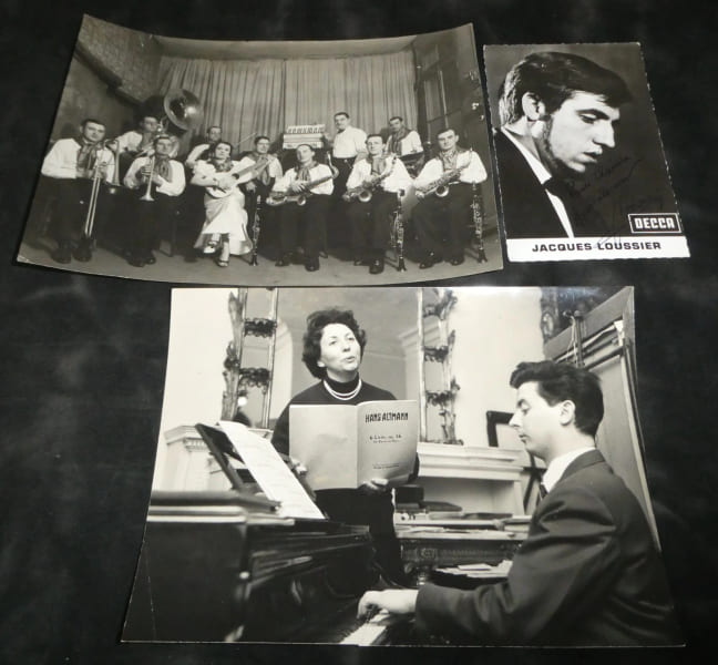 Jacques Loussier - Carte d&eacute;dicac&eacute;e et 2 photographies de musiciens - 1930-1966. Jacques Loussier