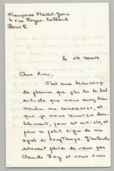 Fran&ccedil;oise Mallet-Joris - Lettre autographe sign&eacute;e - Claude Roy, Julliard - XXe. Fran&ccedil;oise Mallet-Joris