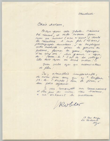 Emmanuel Robl&egrave;s - Lettre autographe sign&eacute;e - Alger, sur une photo - v. 1955-56. Emmanuel Robl&egrave;s