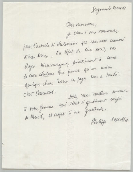 Philippe Jaccottet - Lettre autographe sign&eacute;e - Remerciements, Musil - 1961. Philippe Jaccottet