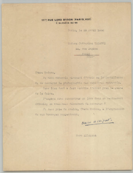 Marc All&eacute;gret - Lettre sign&eacute;e &agrave; Catherine Valogne - Photographie renvoy&eacute;e - 1953. Marc All&eacute;gret