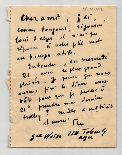 G&eacute;n&eacute;ral Weiss - Lettre pneumatique autographe sign&eacute;e - Alger 1942. G&eacute;n&eacute;ral Weiss
