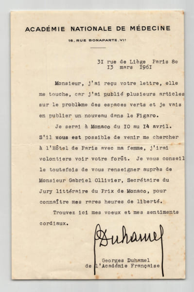 Georges Duhamel Lettre dactylographi&eacute;e sign&eacute;e &agrave; Mr Tr&eacute;la&uuml;n - Prix de Monaco 1961. Georges Duhamel