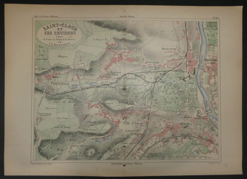 Carte grav&eacute;e colori&eacute;e - Saint-Cloud et ses environs - XIXe s.. Victor-Adolphe Malte-Brun