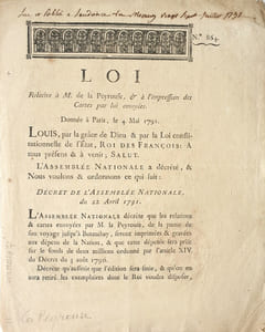 Loi relative a M. de la Peyrouse, & à l'impression des cartes par lui envoyées. Donnée a Paris, le 4 mai 1791.