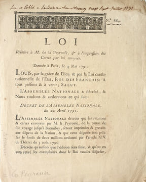 Loi relative a M. de la Peyrouse, & à l'impression des cartes par lui envoyées. Donnée a Paris, le 4 mai 1791.. [LA PEROUSE].