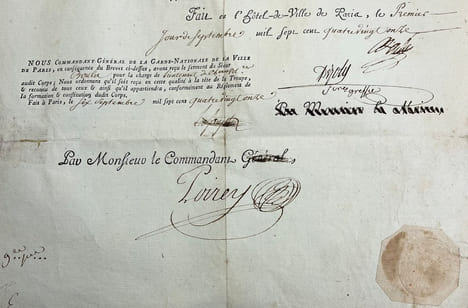 Brevet de lieutenant de chasseurs volontaires de la Garde Nationale Parisienne.. LA FAYETTE (Gilbert du Motier de), POIREY (Joseph-Léonard), BAILLY ...