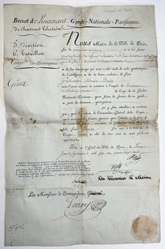 Brevet de lieutenant de chasseurs volontaires de la Garde Nationale Parisienne.. LA FAYETTE (Gilbert du Motier de), POIREY (Joseph-Léonard), BAILLY ...