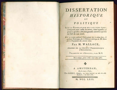 Dissertation historique et politique sur la population des anciens tems, comparée avec celle du nôtre, dans laquelle on prouve qu'elle a été plus grande autrefois qu'elle ne l'est de nos jours. () Traduite de l'Anglois par M. E. [Marc Antoine EIDOUS].