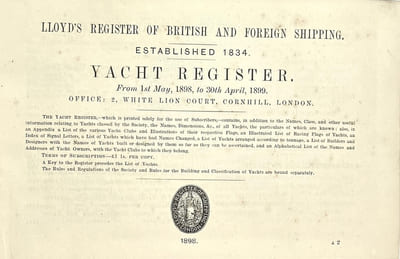LLOYDS REGISTER of British and Foreign shipping. Established 1834. Yacht register. qfrom 1st May, 1898, to 30th April 1899.