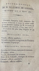 Relation des combats et des évènements de la Guerre Maritime de 1778 entre la France et l'Angleterre, mêlée de réflexions sur les Manuvres des Généraux ; précédée d'une adresse aux Marins, sur la disposition des vaisseaux pour le combat ; et terminée par un Précis de la guerre présente, des causes de la destruction de la marine, et des Moyens de la rétablir. Par Y. J. Kerguelen, ancien Contr'amiral. [truffé d'un formulaire imprimé complété à l'encre brune: "Capitation de la Marine année entière 1767" concernant le lieutenant de vaisseau Kerguelen].