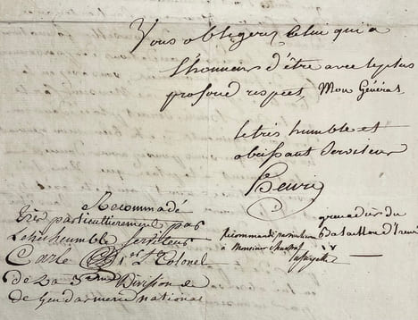 [Demande de recommandation pour une soulieutenance].. LAFAYETTE (Gilbert du Motier de), CARLE (1er colonel de gendarmerie nationale), CHARTRON ...