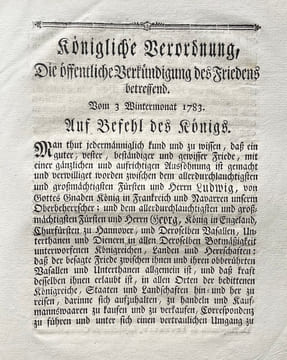 ORDONNANCE DU ROI pour la publication de la Paix. Du 3 Novembre 1783. KONIGLICHE BERORNUNG, Die offentliche Bertundingung des Friedens betressen. Vom ...