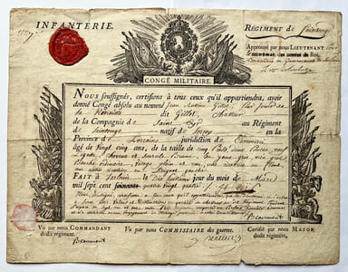 Congé militaire du nommé Jean Antoine GILLOT, Chasseur au Régiment de SAINTONGE pour un natif de SORCEY en la Province de Lorraine, juridiction de Commercy.