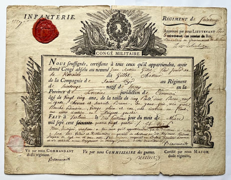 Congé militaire du nommé Jean Antoine GILLOT, Chasseur au Régiment de SAINTONGE pour un natif de SORCEY en la Province de Lorraine, juridiction de ...
