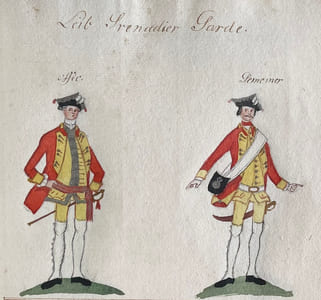Accurate vorstellung der sämtlichen churfürst trouppen. Accurate Vorstellung der Samtlichen Churfürsts Sächsitz : TROUPPEN. Worinnen zur eigentlichen Kentnis der Uniform von jedem Regimente ein Officier und Semeiner in völliger Montirung und ganzer Statur nach dem Leben abgebildet sind.  Nebst beigefügter Nachricht der Urkunde. 1.) Von der Stiftung. 2). denen Chefs 3) der Stärcke und. 4) der in Friedenszeiten habenden Garni?ons jeden Regiments oder separirten corps heraus gegeben und gezeichnet von. Carl Aug. v. Danowsky Lieut. ci devant des Ingen. [Présentation précise de l'ensemble des troupes de l'électorat de Saxe. Dans laquelle, pour la connaissance réelle de l'uniforme de chaque régiment, un officier et un semainier sont représentés en action en tenue complète et en pleine stature. Avec le message joint du certificat. 1.) De la fondation. 2). Des chefs.  3) de force et. 4) De la garnison en temps de paix de chaque régiment ou en corps séparé.  Délivré et signé par Carl Aug. V. Danowsky, Lieutenant ci devant Ingénieur.] [[Precise presentation of all the troops of the electorate of Saxony. In which, for the actual acquaintance with the uniform of each regiment, an officer and a weekman are represented in action in full dress and in full stature. With the certificate message attached. 1.) From the foundation. 2). Chiefs. 3) by force and. 4) Of the peacetime garrison of each regiment or separate corps. Issued and signed by Carl Aug. V. Danowsky, Lieutenant Engineer.]