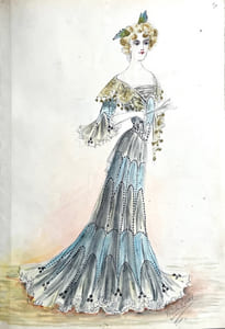 [Album d'aquarelles originales de mode représentant des modéles de robes vers 1890, dans le style de Jeanne Paquin/Album of original fashion watercolors representing dress models around 1890, in the style of Jeanne Paqui].