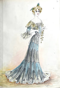 [Album d'aquarelles originales de mode représentant des modéles de robes vers 1890, dans le style de Jeanne Paquin/Album of original fashion watercolors representing dress models around 1890, in the style of Jeanne Paqui].