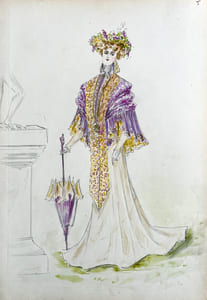 [Album d'aquarelles originales de mode représentant des modéles de robes vers 1890, dans le style de Jeanne Paquin/Album of original fashion watercolors representing dress models around 1890, in the style of Jeanne Paqui].