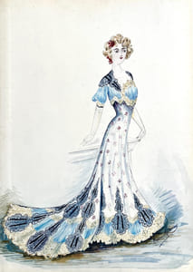 [Album d'aquarelles originales de mode représentant des modéles de robes vers 1890, dans le style de Jeanne Paquin/Album of original fashion watercolors representing dress models around 1890, in the style of Jeanne Paqui].