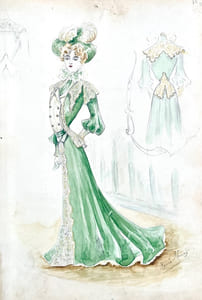 [Album d'aquarelles originales de mode représentant des modéles de robes vers 1890, dans le style de Jeanne Paquin/Album of original fashion watercolors representing dress models around 1890, in the style of Jeanne Paqui].