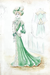 [Album d'aquarelles originales de mode représentant des modéles de robes vers 1890, dans le style de Jeanne Paquin/Album of original fashion watercolors representing dress models around 1890, in the style of Jeanne Paqui].
