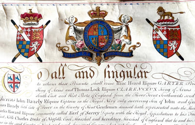 Certificat de noblesse donnant droit à John Bazely Esquire, capitaine de la Royal Navy, le droit d'utiliser les armes et emblèmes de sa famille au titre de seul fils survivant de John et petit-fils James Bazely tous deux de Douvres dans le comté de Kent.