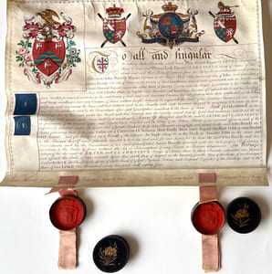 Certificat de noblesse donnant droit à John Bazely Esquire, capitaine de la Royal Navy, le droit d'utiliser les armes et emblèmes de sa famille au titre de seul fils survivant de John et petit-fils James Bazely tous deux de Douvres dans le comté de Kent.