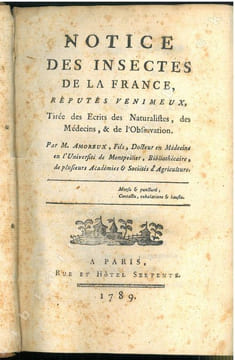 Notice des insectes de la France réputés venimeux. Tirée des écrits des naturalistes, des médecins et de l'observation.. Amoreux, Pierre Joseph