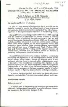 Carbohydrases of the american cockroach Periplaneta americana.. Balogun, R.A. & E.M. Akintunde