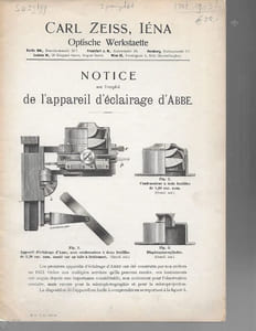 Three Carl Zeiss advertisement/instruction pamphlets: Notice sur l’emploi de l’appareil d’éclairage d’Abbe / Grande chambre de Microphotographie / Description des Appareils destinés a rendre visibles les Particules Ultramicroscopiques.