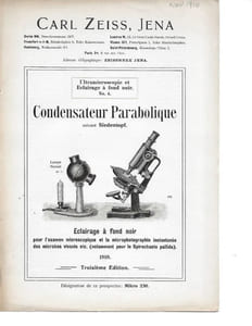 Five Carl Zeiss advertisement/instruction pamphlets: Condensateur Parabolique suivant Siedentopf / Statif V (Statifs de Microscopes) / Interféromètre pour les gaz et les eaux / Systèmes à Dissection, Loupes, Pied Porte-Loupe / Epidiascope et Episcope Nouveaux (Prospectus provisoire).
