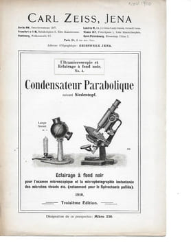 Five Carl Zeiss advertisement/instruction pamphlets: Condensateur Parabolique suivant Siedentopf / Statif V (Statifs de Microscopes) / Interféromètre ...