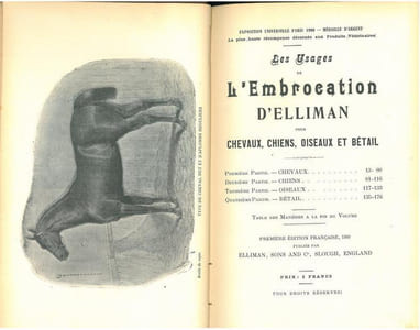 Premiers secours aux animaux malades et blessés. Les usages de l'embrocation d'Elliman pour chevaux, chiens, oiseaux et bétails.