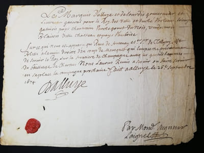 Congé militaire en faveur de René de Fontenay, bléssé à la main droite d'un coup de mousquet qui l'empêche présentement de servir le roi.