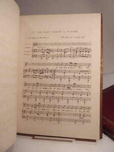 Collection of 64 Musical Scores / Recueil de 64 partitions de musique : In Happier Hours! by Thomas Haynes Bayly and Henry R. Bishop. /  Ruth, by Georgiana Bloomfield and Miss Davis. / If Thou Hast Crush'd a Flower, Ballad, by Mrs Hemans and J. Lodge. / The Fairy Tempter, n° 6 of the Songs of The Superstitions of Ireland, by Samuel Lover. / Winter and Summer, A Ballad, by Thomas Haynes Bayly and Alexander Lee. / Flow on thou Shining River, for Two Voices, by Thomas Moore and Sir John Stevenson. / Angel of Charity [ibid]. / I Remember, I Remember how my Childhood Fleeted by, by Winthrop M. Praed and Mrs Edward Fitz Gerald. / Had I A Heart For Falsehood Fram'd, sung by Mr. Braham. / The Charming Woman, by Mrs Price Blackwood. / Alice Gray, A Ballad, by Mrs Philip Milliard. / Where's the Snow, the Summer Snow? by G. F. Harris. / Love's Ritornella (The Brigand), by J. R. Planché and T. Cooke. / L.E.L.'s Song Sleep, Heart of Mine! by Eliza Flower. / A Brave Old Country Gentleman, by W. S. Murray and James Dewar. / Look Forth, (Watherine Gray), by George Linley and M. W. Balfe. / The Bird's Release, by Mrs Hemans. / A te o Cara Amor Talora, by Bellini. / etc. etc.