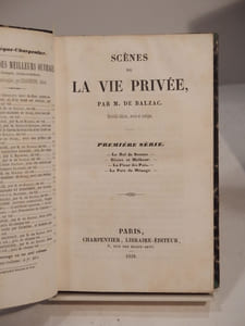 12 volumes de la nouvelle édition des oeuvres de Balzac chez Charpentier (1839-1843) : Physiologie du mariage - Scènes de la vie privée (2 vol.) - Scènes de la vie de Province (2 vol.) - Scènes de la vie parisienne (2 vol.) - Le Médecin de campagne - Le Père Goriot - César Birotteau - Le Lys dans la vallée - Balthazar Claës - Eugénie Grandet - Histoire des Treize - Louis Lambert et Séraphita.