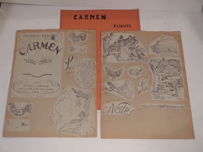 Clichés d'imprimerie sur papier des illustrations du Carmen de Proper Mérimée illustré et gravé par André Collot