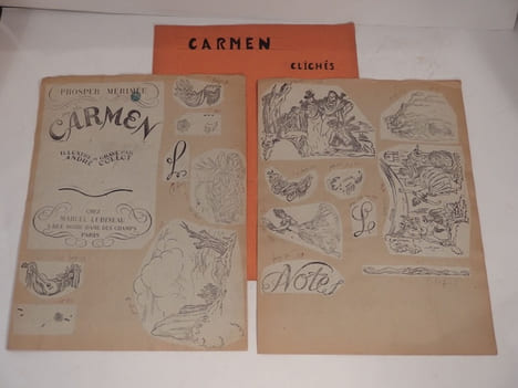 Clichés d'imprimerie sur papier des illustrations du Carmen de Proper Mérimée illustré et gravé par André Collot. MERIMEE (Prosper), COLLOT (André)