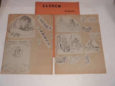 Clichés d'imprimerie sur papier des illustrations du Carmen de Proper Mérimée illustré et gravé par André Collot