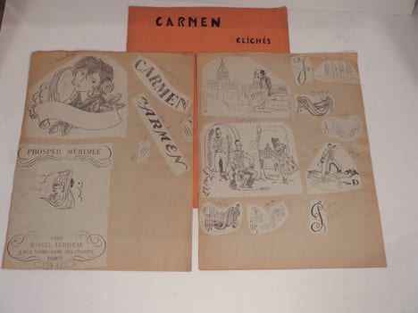 Clichés d'imprimerie sur papier des illustrations du Carmen de Proper Mérimée illustré et gravé par André Collot. MERIMEE (Prosper), COLLOT (André)