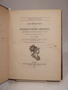 Recherches de quelques dates absolues, qui peuvent se conclure des dates vagues inscrites sur des monuments égyptiens, par M. Biot. Lues à l'Académie des inscriptions et à l'Académie des sciences, les 4 et 7 février 1853. (Extrait du tome XXIV des Mémoires de l'Académie des Sciences). [SUIVI DE:] Sur un calendrier astronomique et astrologique trouvé à Thèbes en Egypte, dans les tombeaux de Thamsès VI et de Thamsès IX. Deuxième et dernier Mérmoire. Par M. Biot. (Présenté à l'Académie des soce,ces; me 16 août 1853.) (Extrait du tome XXIV des Mémoires de l'Académie des Sciences).