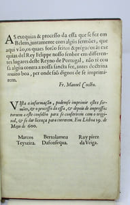 Relaçao das exequias del Rey Dom Filippe nosso senhor, primero deste nome dos Reyes de Portugal.Funebris oratio sacris funeribus Philippi Secundi Regis Catholici, Conimbricae habita in Regio Academiae Caenobio quinta die Nouembris M.D.XCVIII