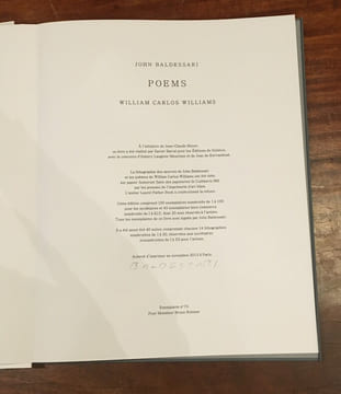 Poems. BALDESSARI (John); WILLIAMS (William Carlos)