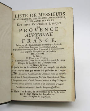 Liste de messieurs les Chevaliers, Chapelains conventuels et Servants d'armes des trois vénérables lanques de Provence, Auvergne et France. (Ordre de ...