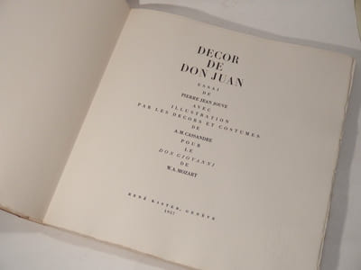 Décor de Don Juan. Essai de Pierre Jean Jouve avec illustration par les décors et costumes de A. M. Cassandre pour le Don Giovanni de W. A. Mozart.