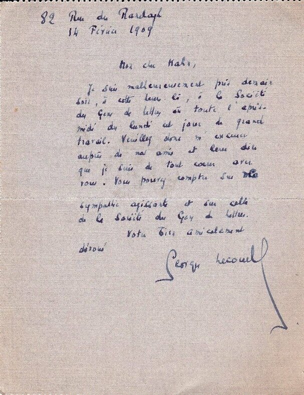 Lettre autographe signée à Gustave Kahn - 1909. Georges Lecomte 