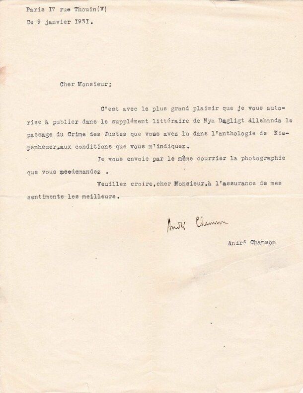 Lettre dactylographiée signée adressée à Carl Björkman . André Chamson 